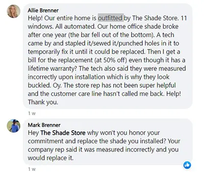 Allie experience about the after-sale service of shade store