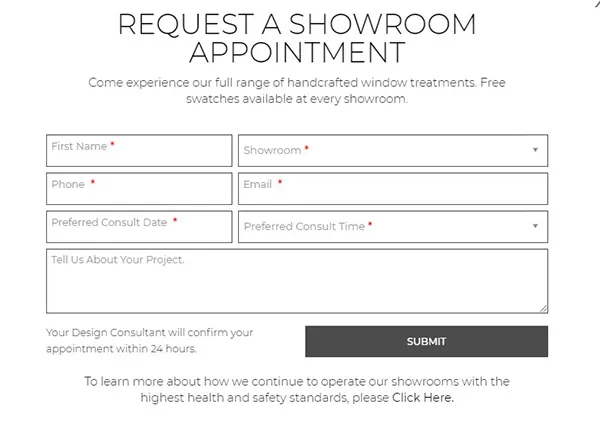 showroom appointment form shade store
